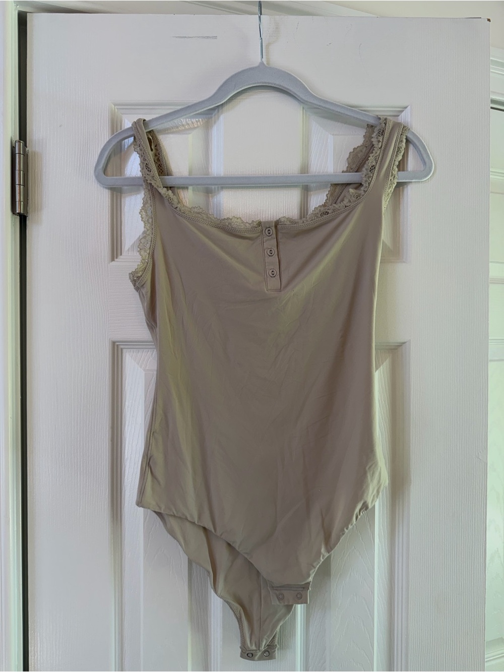 Skims Lace-Trim Snap-Front Bodysuit in Taupe